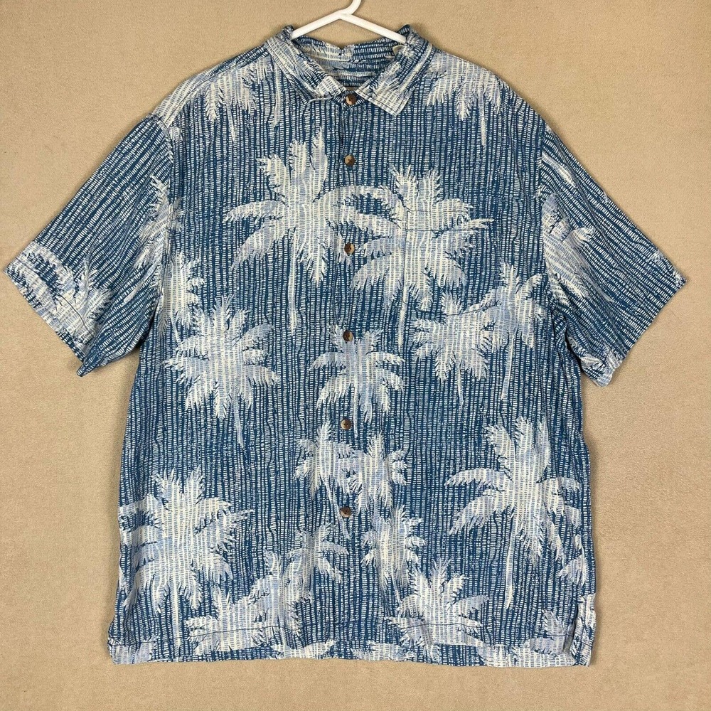 Tommy Bahama Button Up Shirt Adult Extra Large Blue Palm Tree Hawaiian Silk Mens